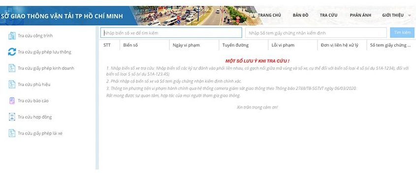 Truy cập vào mục Tra cứu vi phạm trên website Sở giao thông vận tải